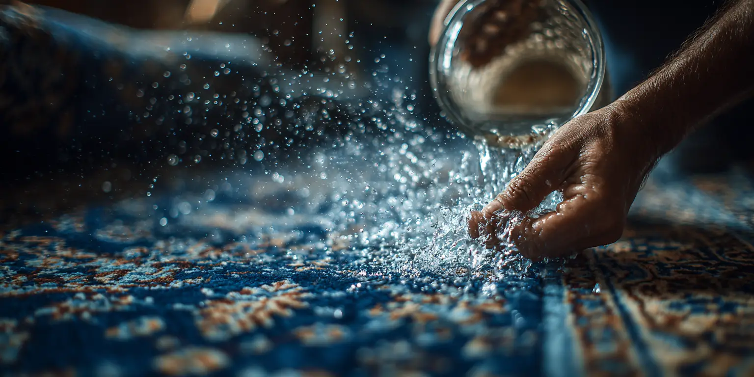 Gros plan sur le lavage à grande eau d'un tapis oriental bleu.