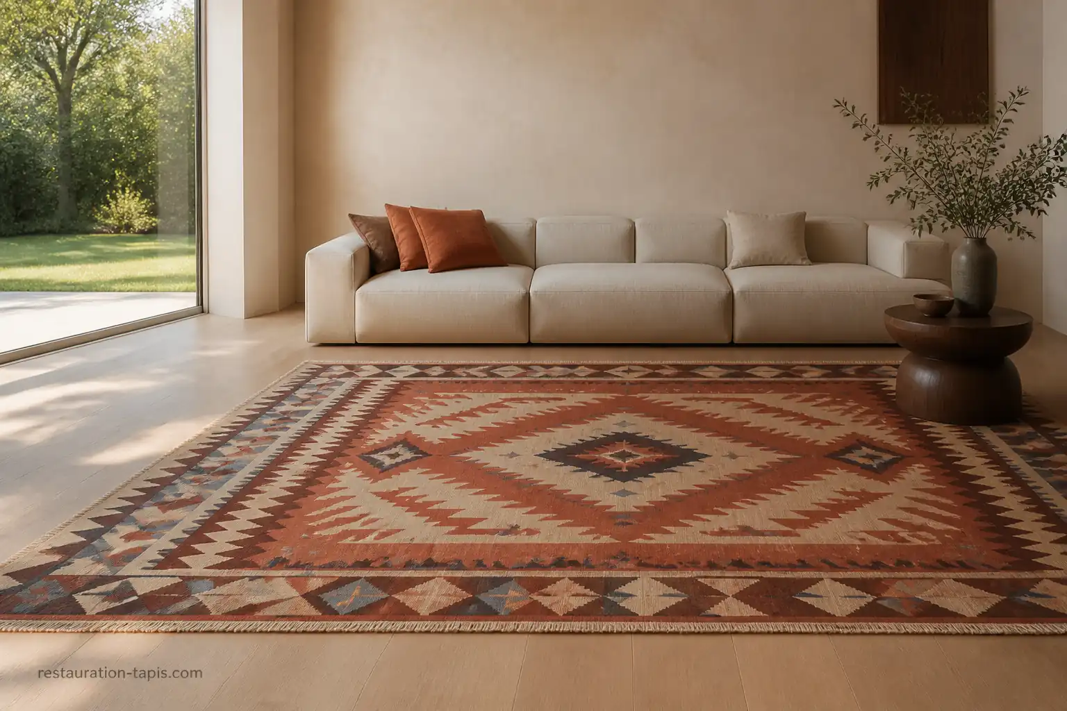 Alfombra kilim de tejido plano con motivos geométricos en tonos terracota, marfil y azul, en un salón contemporáneo con luz natural.
