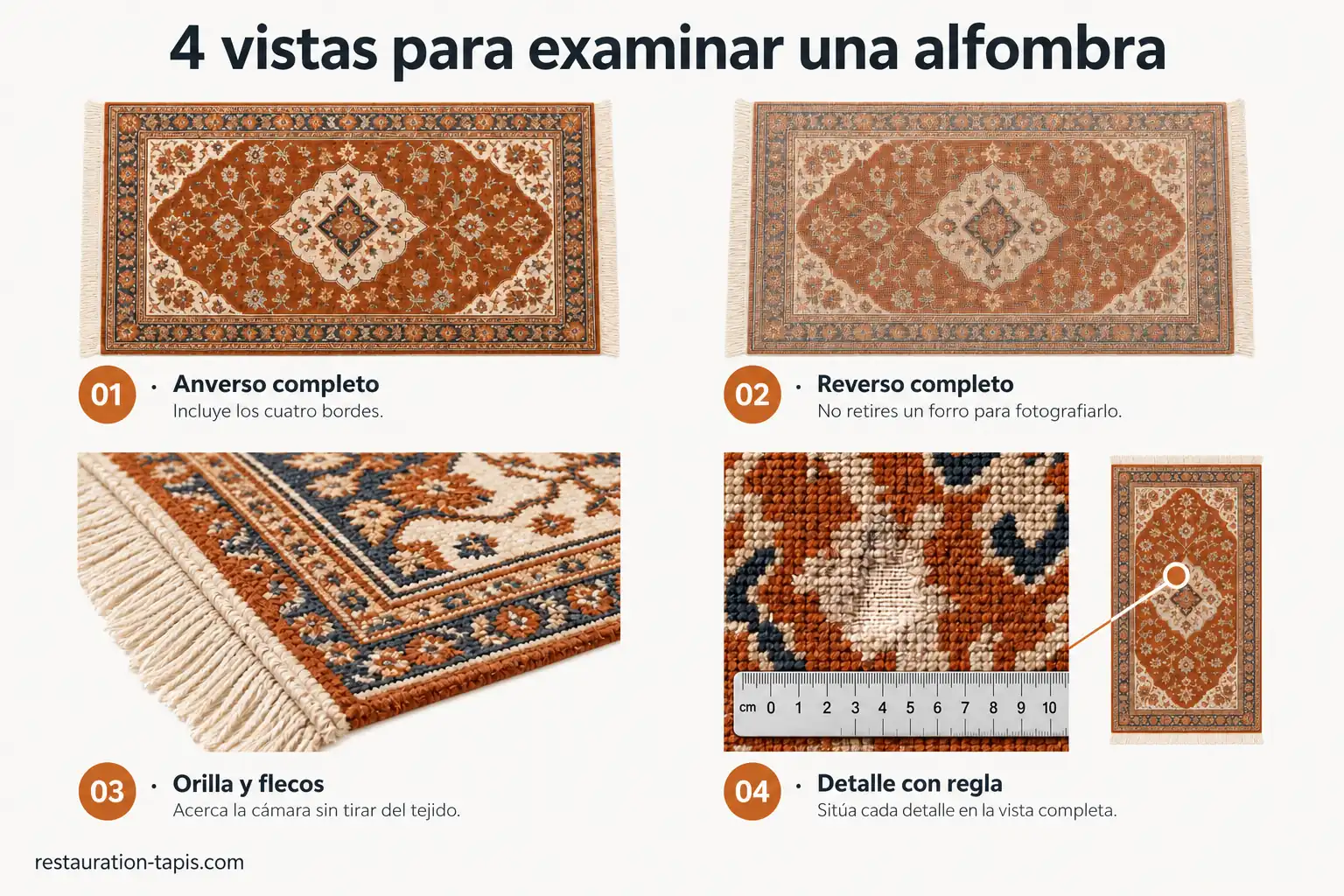 Cuatro encuadres para documentar una alfombra: anverso completo, reverso completo sin retirar el forro, orilla con flecos y detalle con una regla situado en la vista general