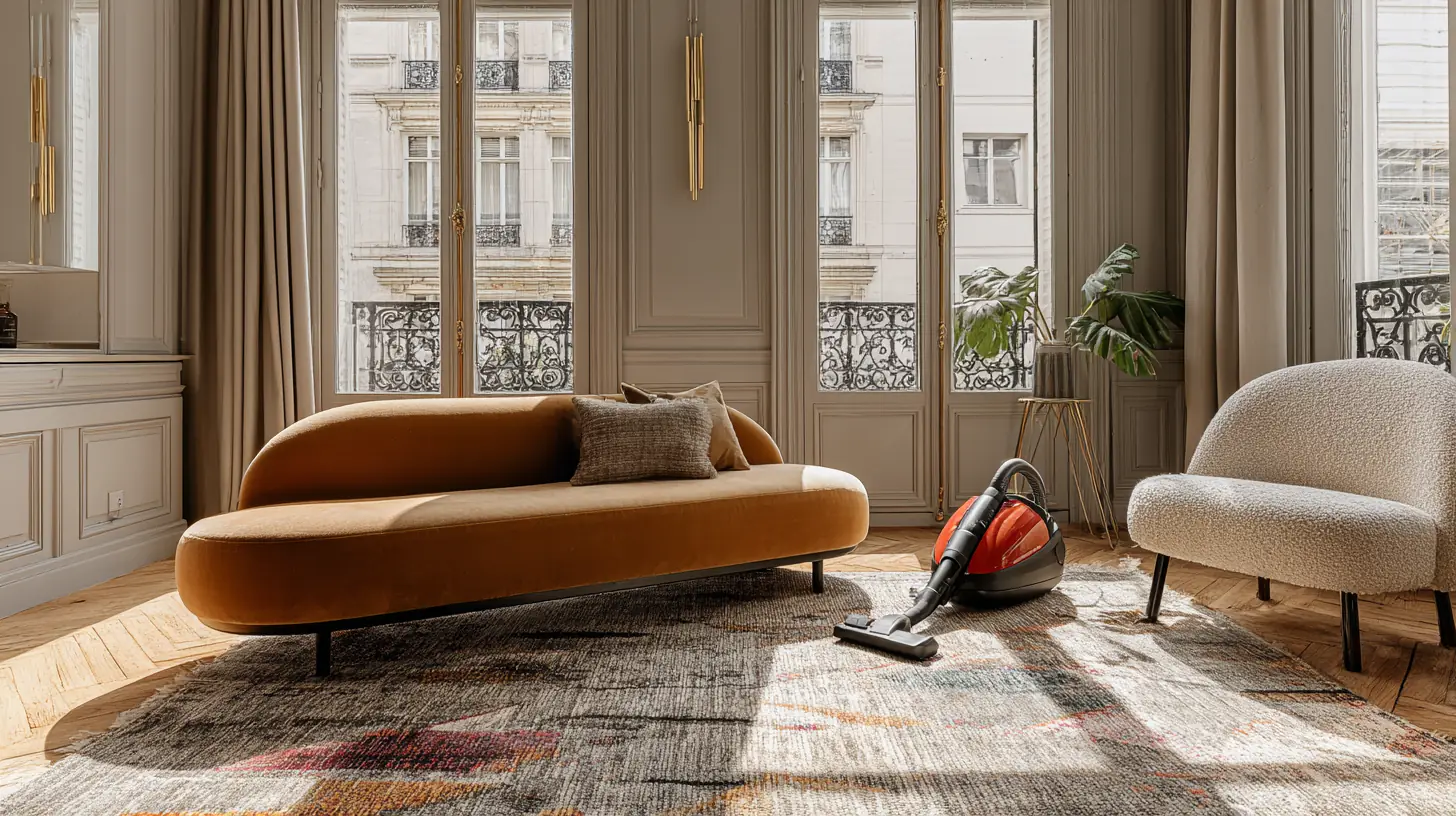 Aspirateur Henry dans un salon parisien lumineux, posé sur un tapis haut de gamme, illustrant le nettoyage professionnel et l'entretien des tapis