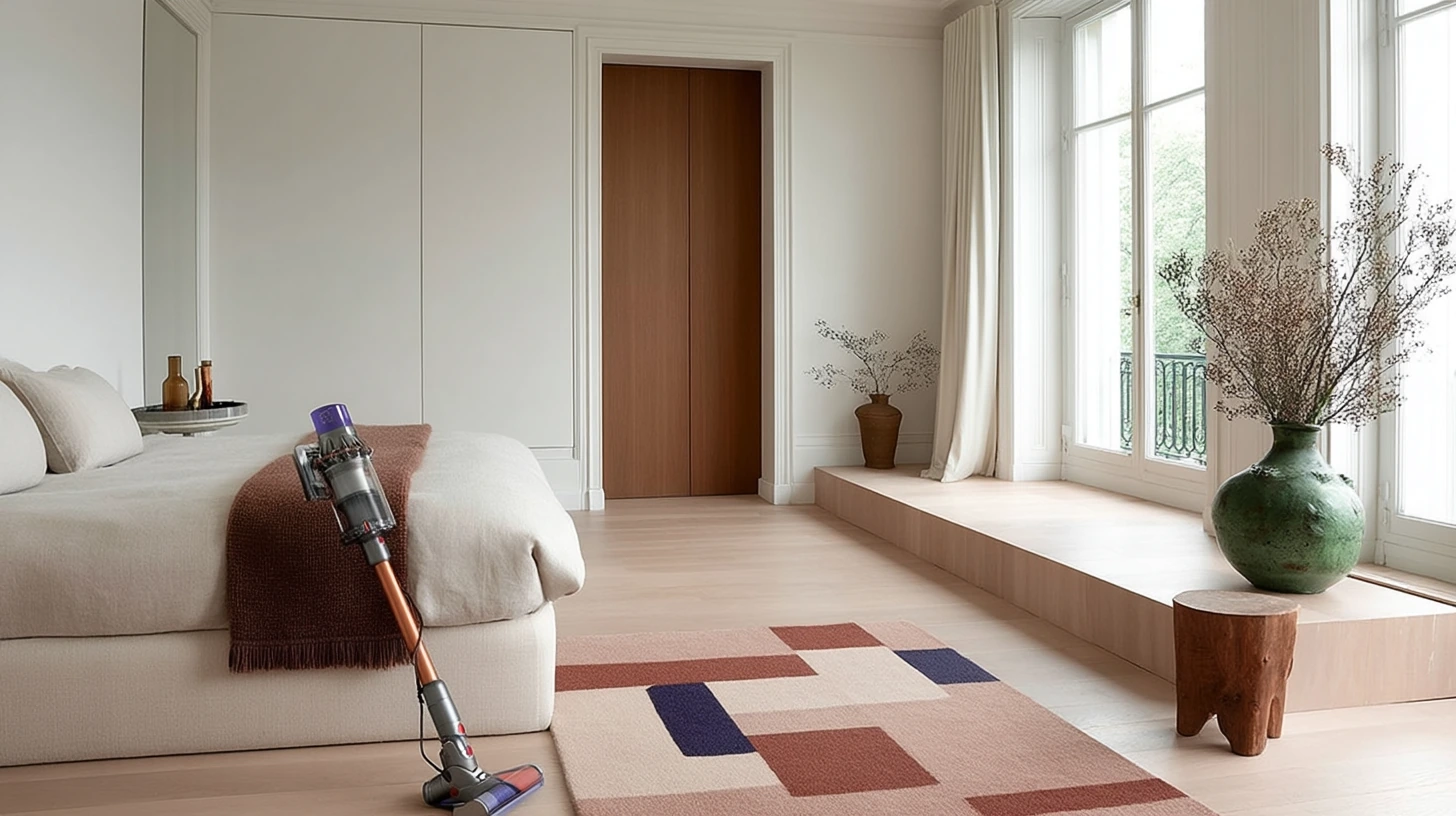 Aspirateur Dyson sans fil sur tapis dans une chambre, pour l’entretien des tapis et l’aspiration des poussières et poils d’animaux.