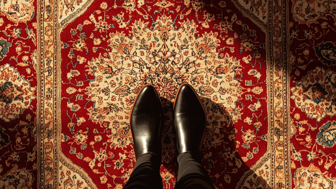 Vue de dessus de chaussures noires sur un tapis persan rouge avec motifs traditionnels, éclairé par la lumière naturelle.