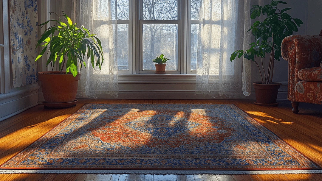 Un tapis oriental parfaitement plat sur un sol en bois, éclairé par la lumière naturelle entrant par de grandes fenêtres, entouré de plantes et d'un fauteuil confortable.