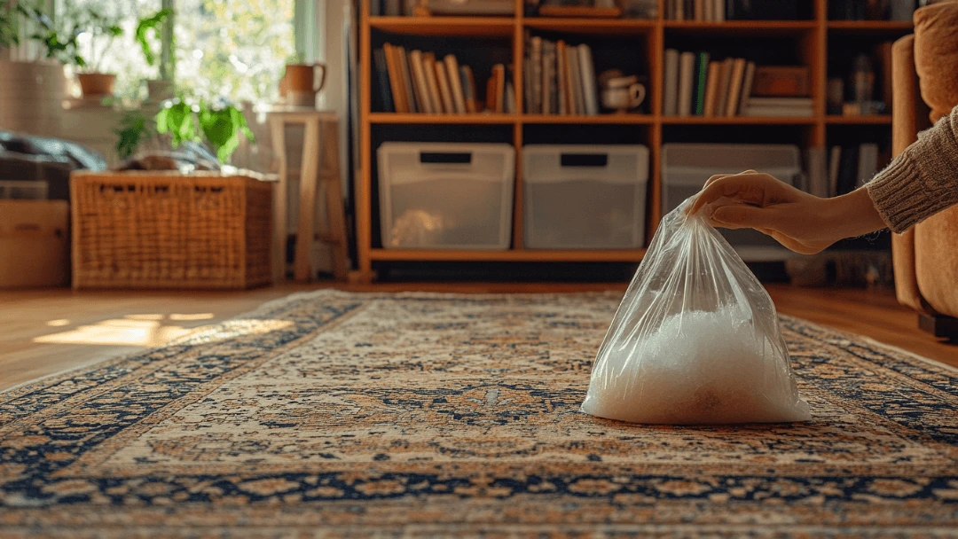 Main tenant un sac de glace sur un tapis oriental dans un salon lumineux, entouré d’étagères et d’objets de décoration, pour éliminer les bosses du tapis.
