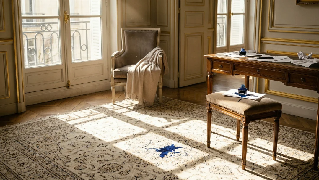 Tache d'encre bleue de stylo renversée sur un tapis persan clair dans un salon haussmannien à Paris, bureau d'écriture en bois et lumière naturelle.