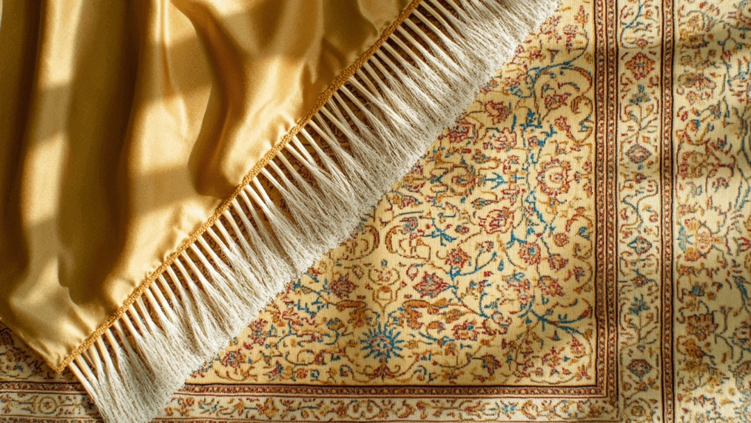 Gros plan d’un tapis oriental jaune avec des motifs fleuris colorés, franges blanches en premier plan, drapé en tissu doré posé sur le tapis, lumière naturelle douce mettant en valeur les détails.
