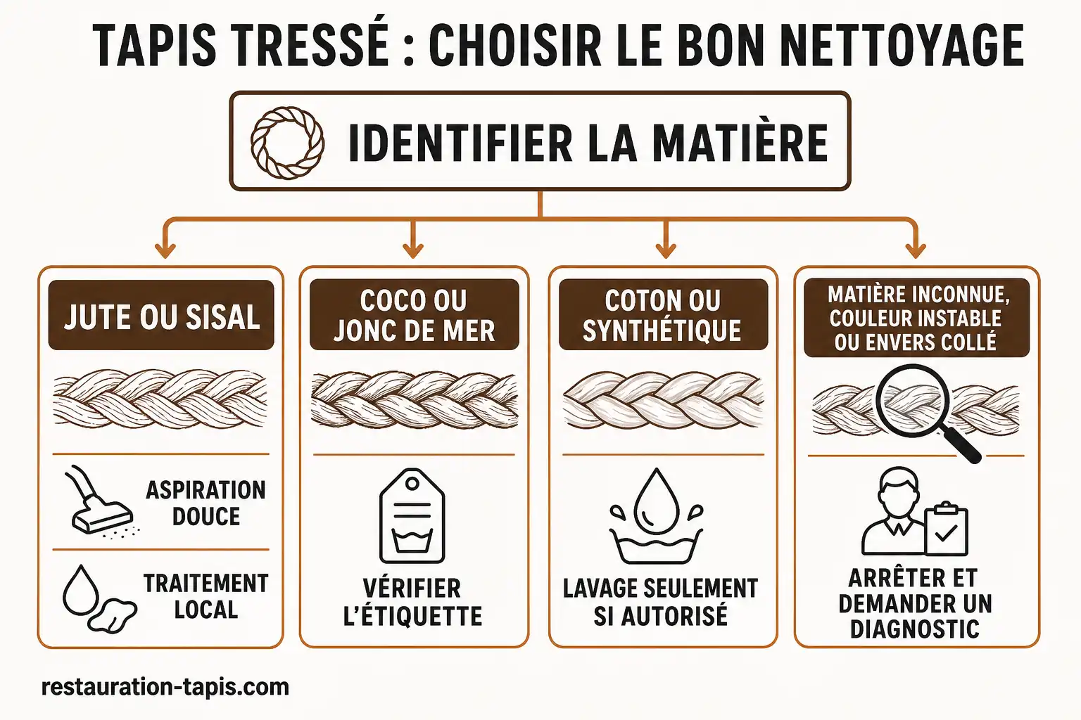 Arbre de décision pour choisir le nettoyage d'un tapis tressé selon sa matière