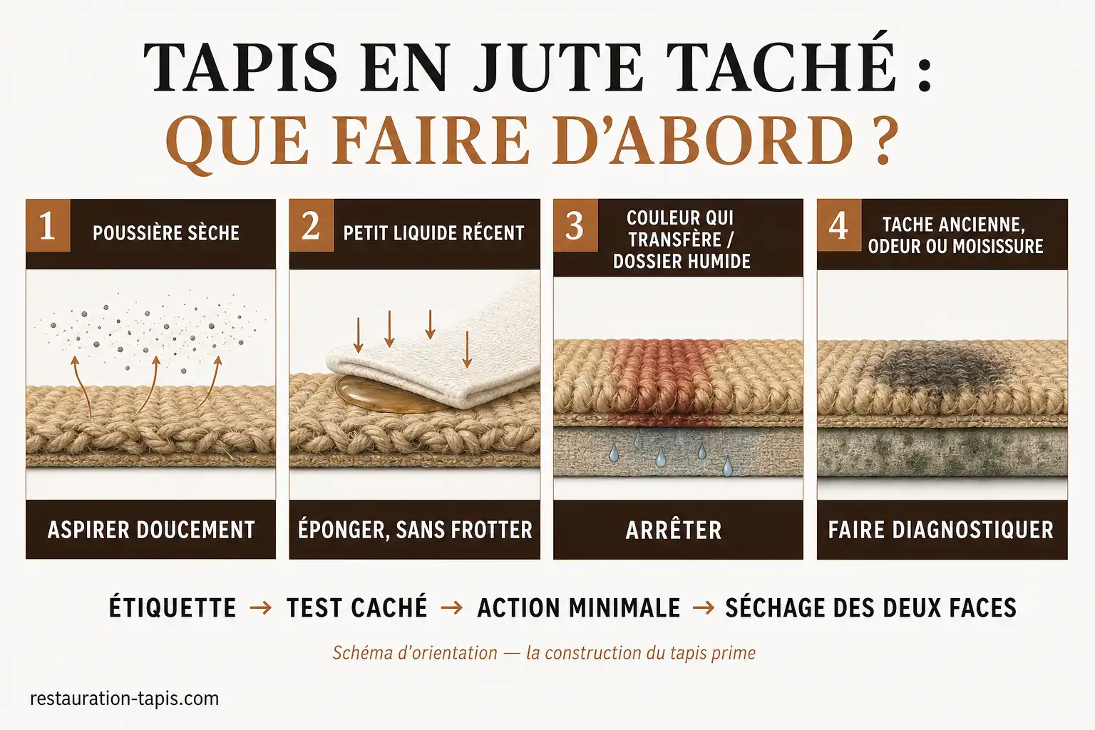 Schéma indiquant le premier geste selon le type de tache sur un tapis en jute