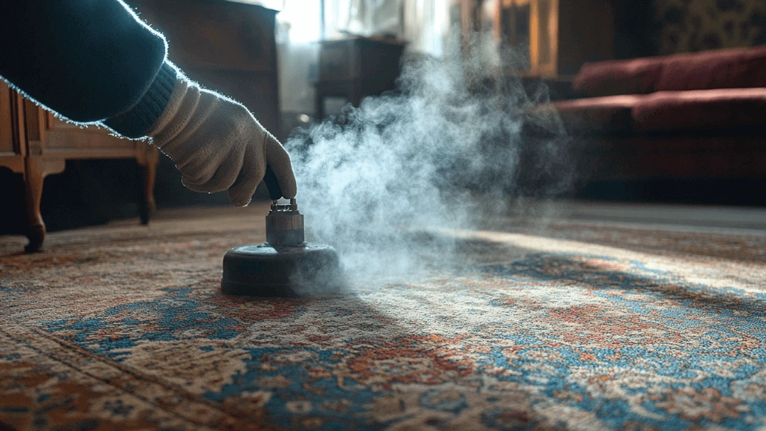 Main portant un défroisseur à vapeur sur un tapis oriental pour restaurer sa rigidité, avec des motifs colorés et un salon en arrière-plan.