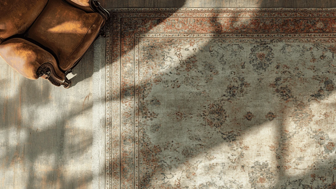 Grand tapis oriental vintage aux bords légèrement ondulés, posé sur un parquet en bois et accompagné d'un fauteuil en cuir, illustrant comment redresser les bords d'un tapis.