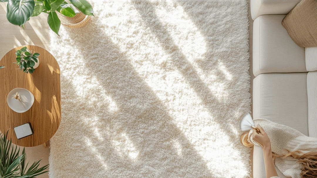 Tapis blanc moelleux éclairé par la lumière naturelle, entouré d'un canapé beige et d'une table en bois avec des plantes, créant une ambiance chaleureuse.