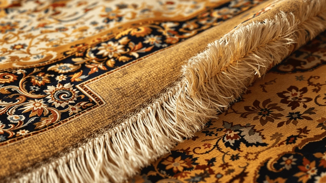 Gros plan sur les franges d’un tapis en laine fait main avec motifs orientaux, illustrant une lisière en bon état avant réparation artisanale.