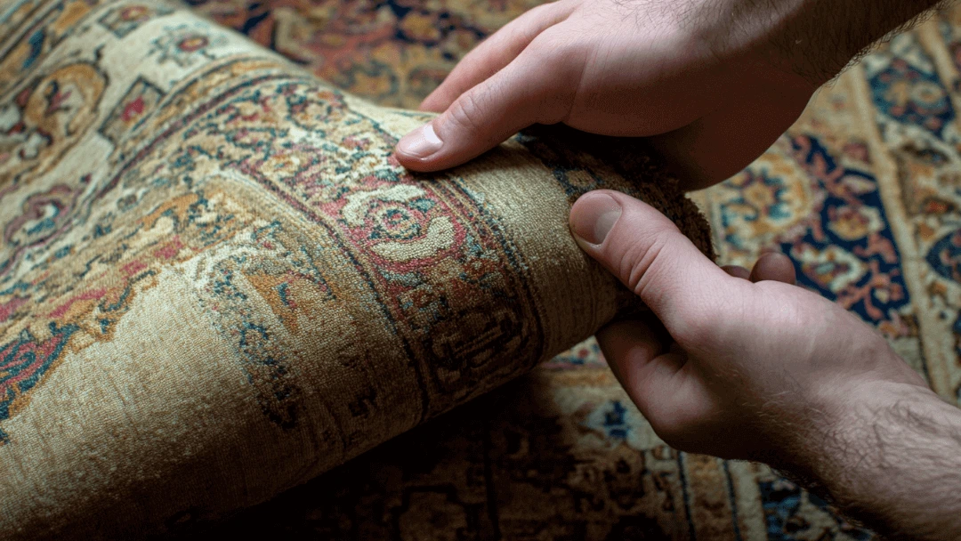 Deux mains tenant un tapis aux motifs orientaux pour montrer une technique de réparation d'un bord enroulé.