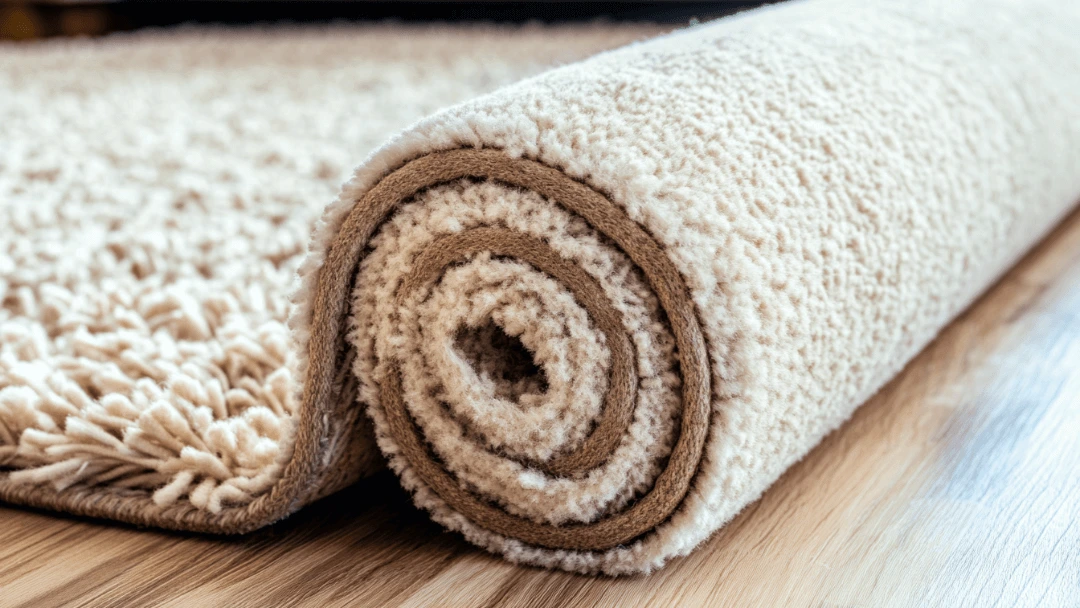 Tapis beige moelleux enroulé correctement sur un parquet, illustrant dans quel sens enrouler un tapis.