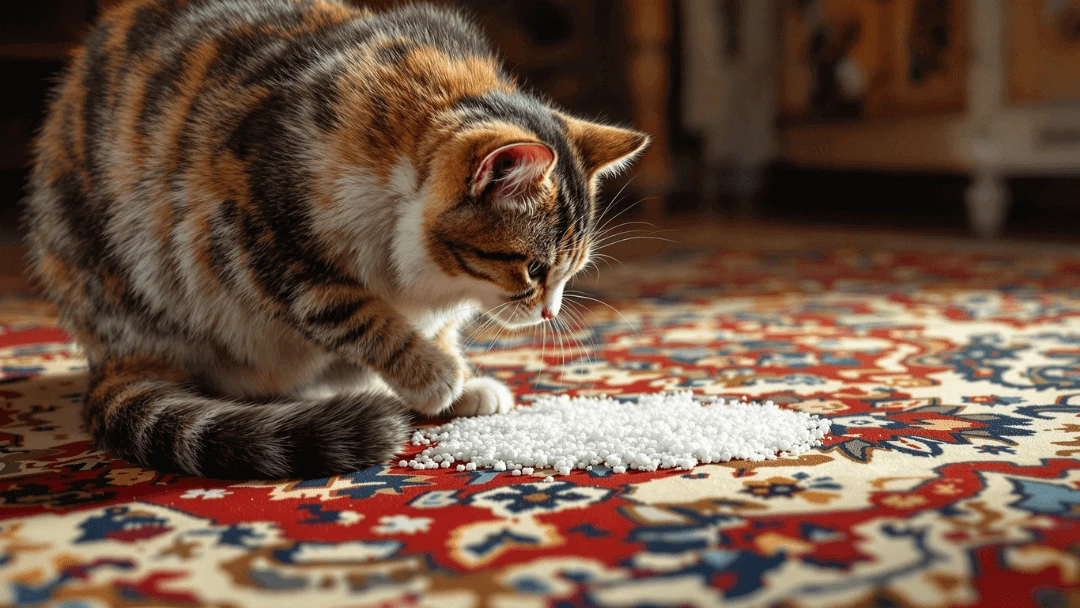 Chat reniflant du bicarbonate de soude sur un tapis persan après un accident d’urine.