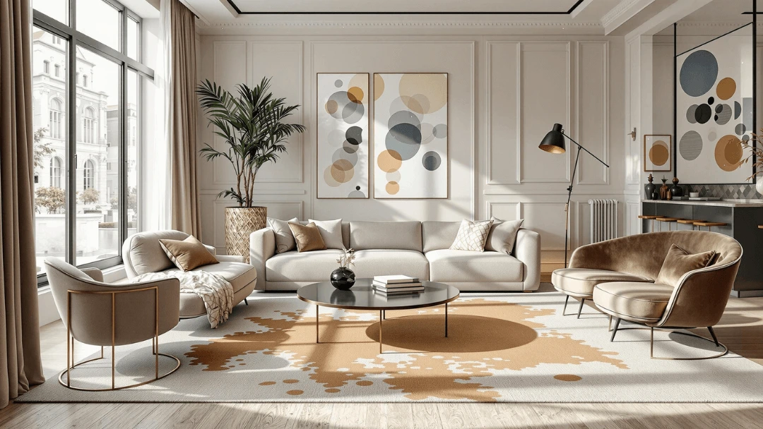 Salon élégant avec tapis haut de gamme taché de thé, décoration raffinée et lumière naturelle.