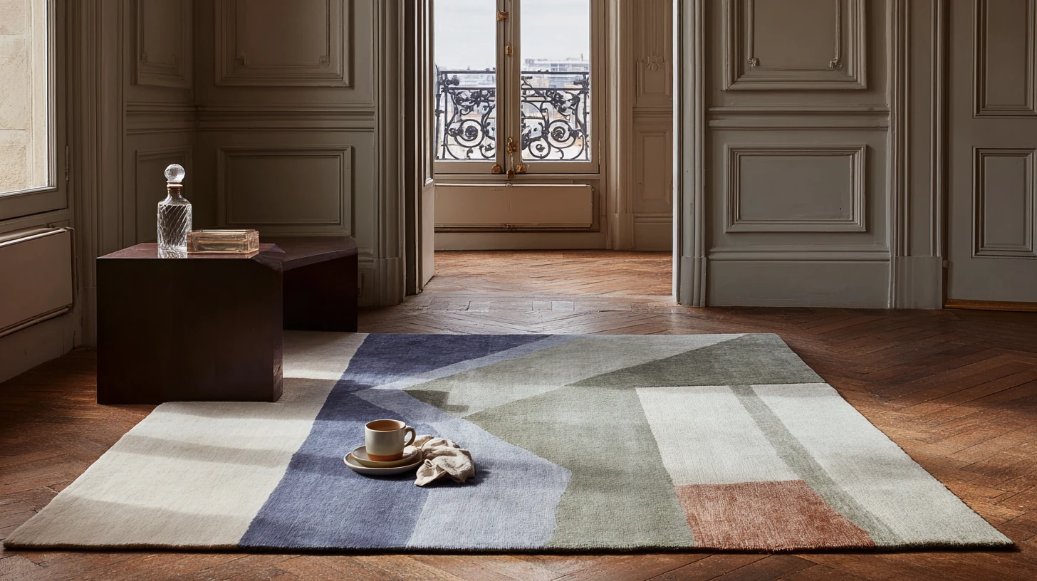 Détacher un tapis en laine dans un intérieur parisien élégant, tache de café sur tapis beige, bleu, et vert traitée.
