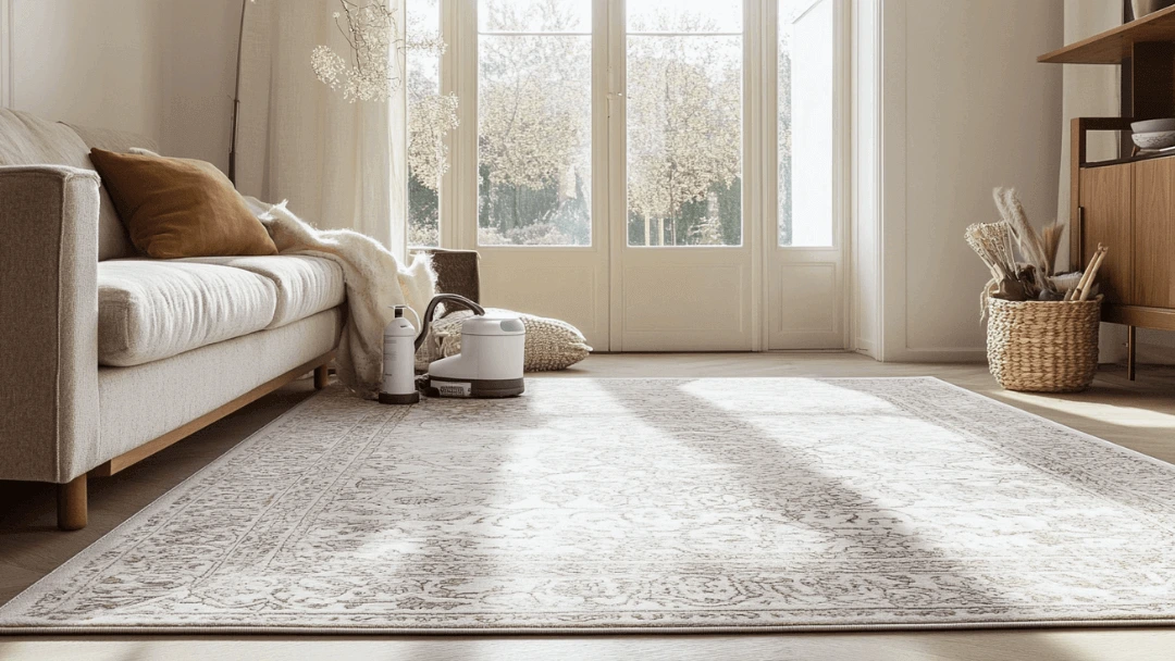 Une pièce bien éclairée avec des meubles modernes et un tapis blanc au premier plan