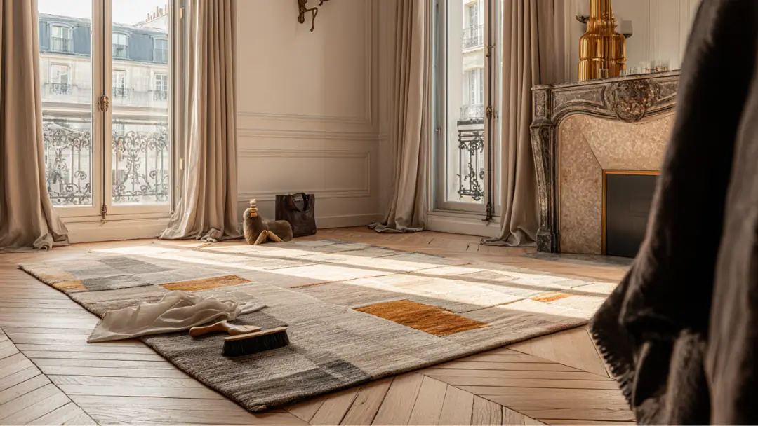 Tapis en laine dans un salon parisien haussmannien baigné de lumière naturelle, en cours de nettoyage délicat avec brosse et chiffon, ambiance élégante et artisanale
