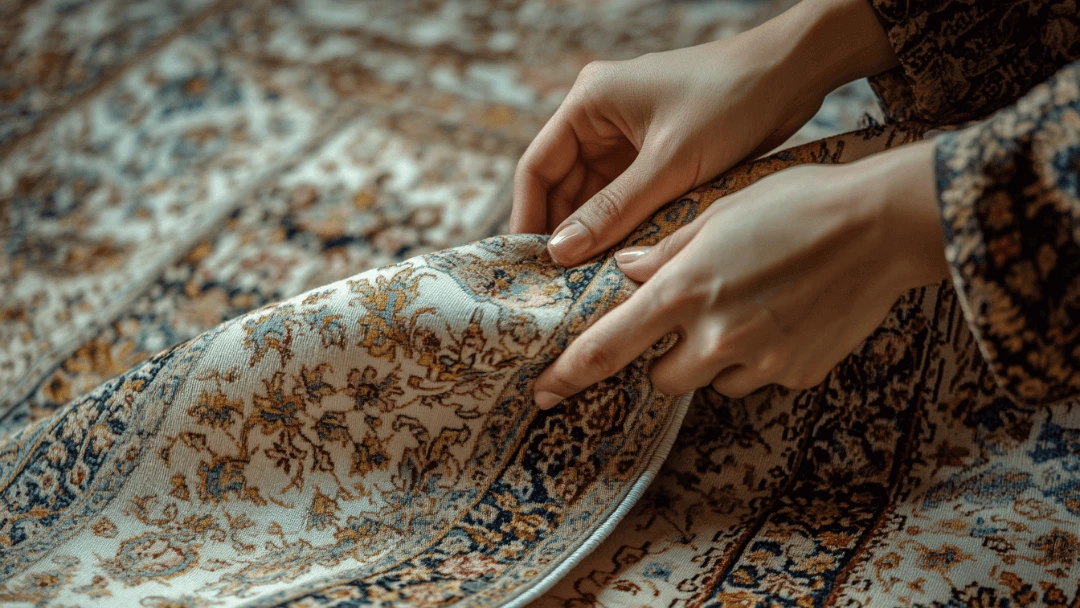 Des mains délicates plient un tapis persan aux motifs complexes, mettant en valeur les détails des fibres et des motifs artisanaux.