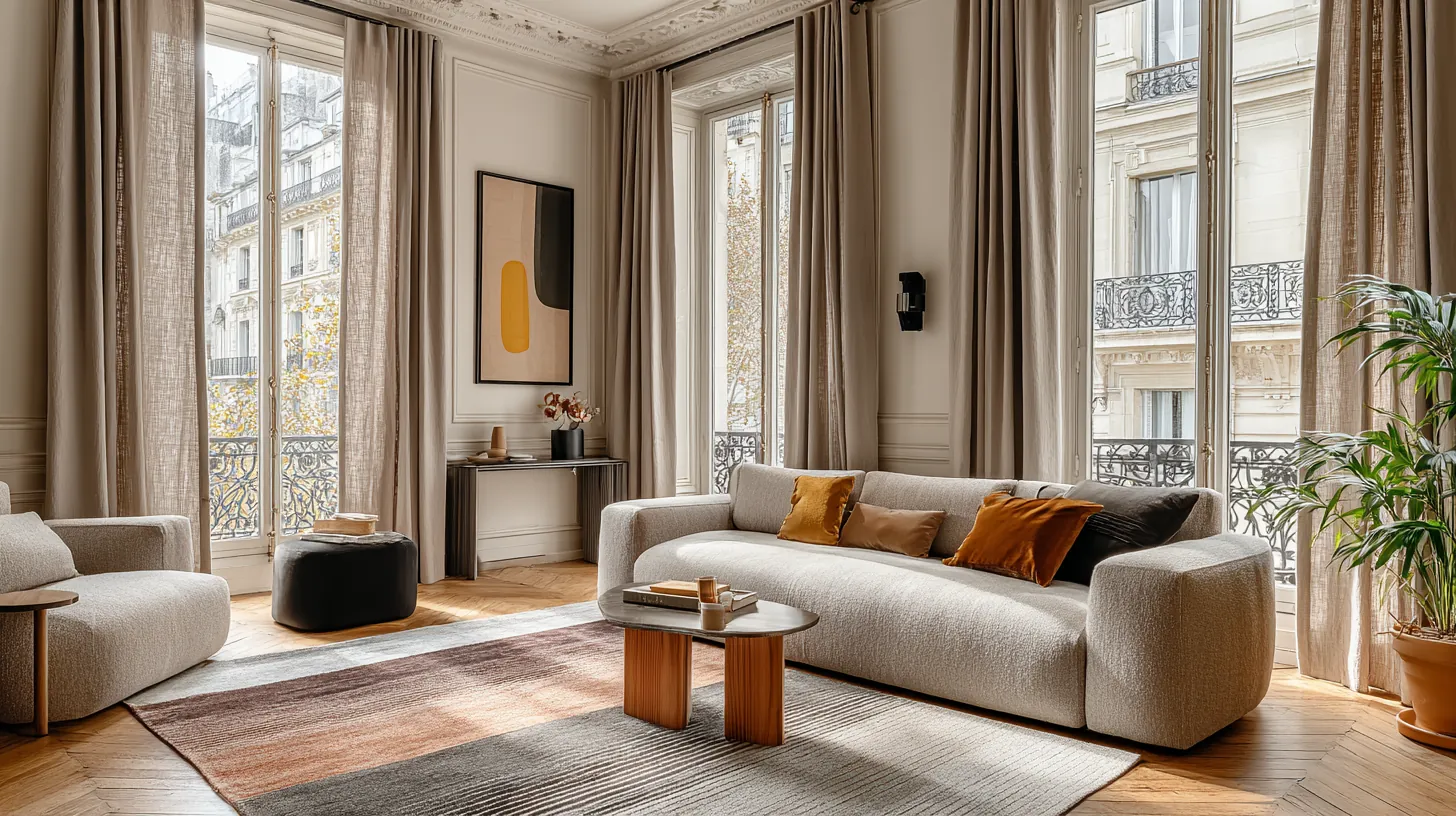 Salon parisien lumineux montrant un tapis en cours de séchage grâce à la ventilation naturelle des fenêtres, méthode recommandée pour sécher un tapis à la maison.