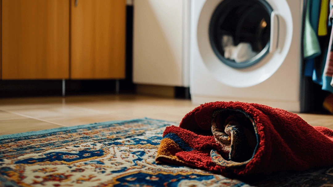 Tapis coloré enroulé posé sur le sol devant une machine à laver dans une buanderie, prêt pour le nettoyage.