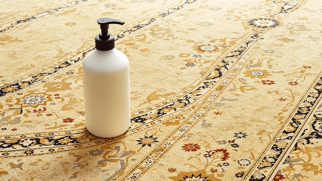 Bouteille de liquide vaisselle posée sur un tapis oriental haut de gamme en cours de nettoyage contre l'odeur d'urine.