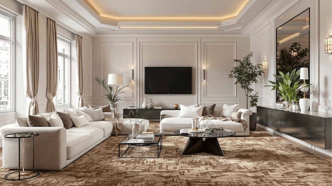 Salon élégant avec canapé beige et tapis haut de gamme beige et brun dans un intérieur haussmannien lumineux.