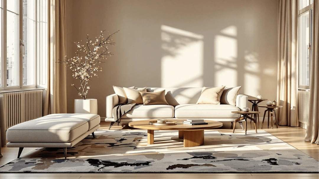 Tapis beige et noir style abstrait dans un salon moderne lumineux avec canapé clair et table en bois.