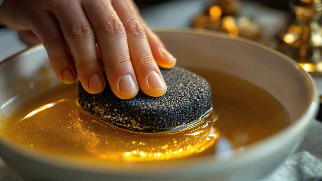 Éponge naturelle trempée dans solution maison pour nettoyer un tapis en jute délicat.