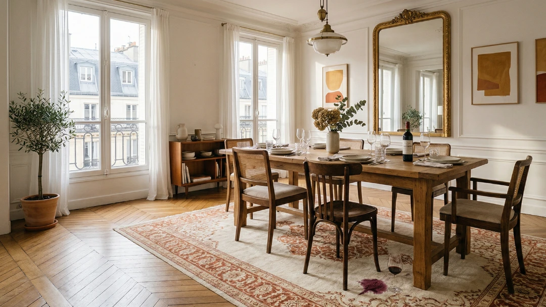 Tache de vin rouge sur un tapis persan sous une table de salle à manger dans un appartement haussmannien à Paris.