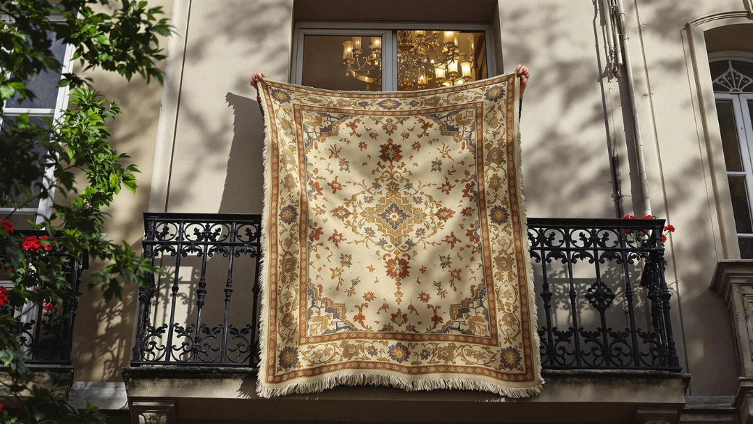 Tapis oriental secoué sur un balcon parisien ensoleillé  - méthode traditionnelle de nettoyage sans eau ni produits chimiques.
