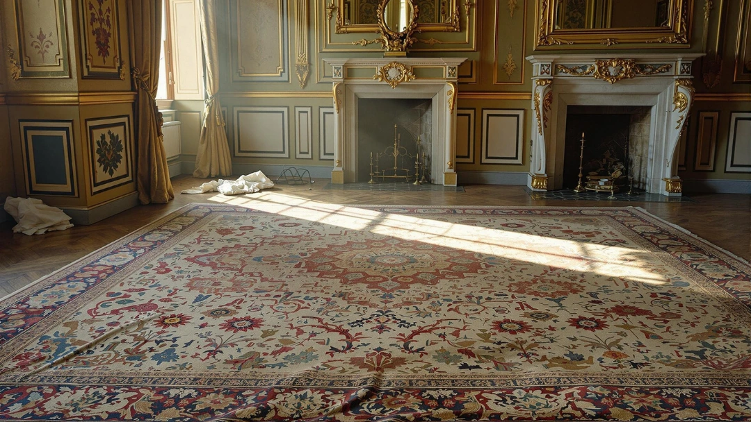 Tapis ancien très sale avant nettoyage, posé dans un salon parisien doré du XVIIIe siècle, lumière rasante et chiffons au sol.