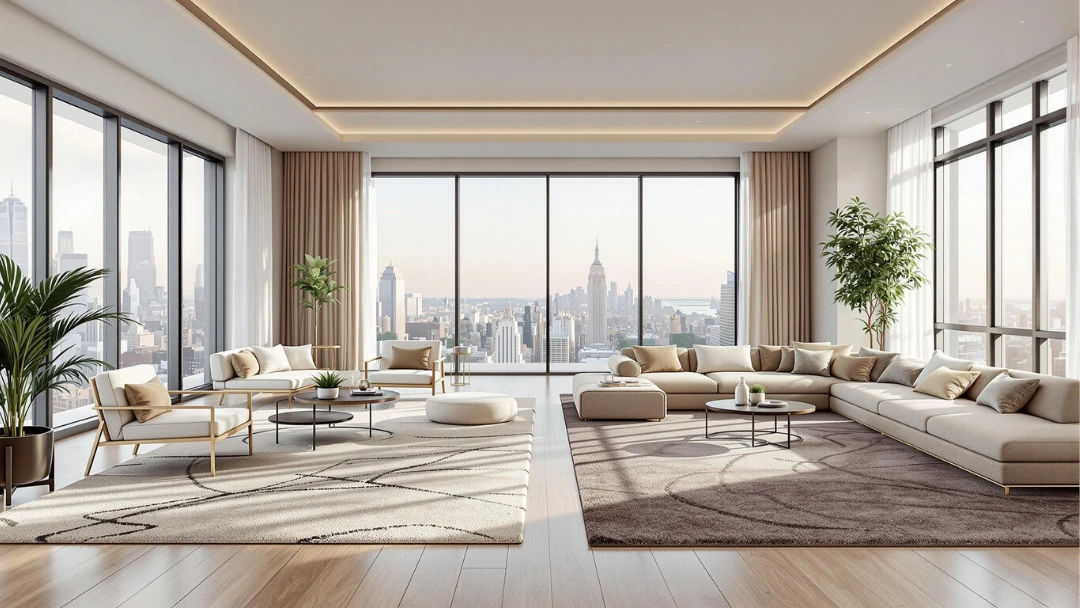 Deux tapis modernes dans un salon haut de gamme avec vue panoramique, illustrant comment structurer l’espace avec plusieurs tapis de luxe.