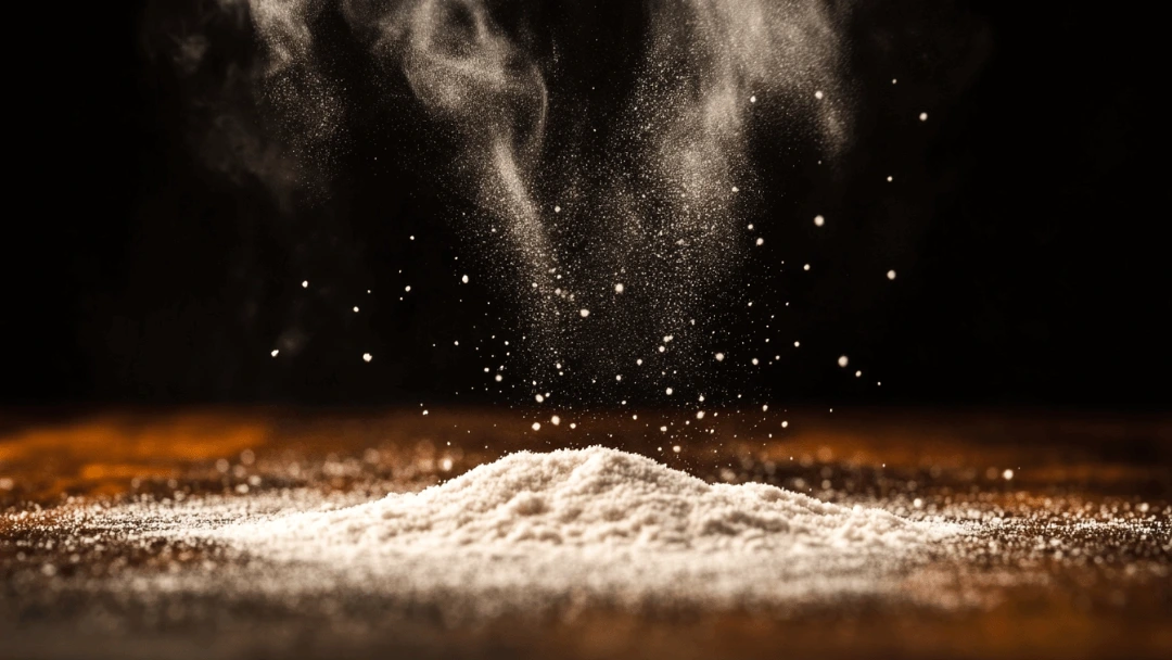 Nuage de poudre de bicarbonate de soude flottant au-dessus d’une surface en bois sombre, illustrant les propriétés naturelles et nettoyantes du bicarbonate.