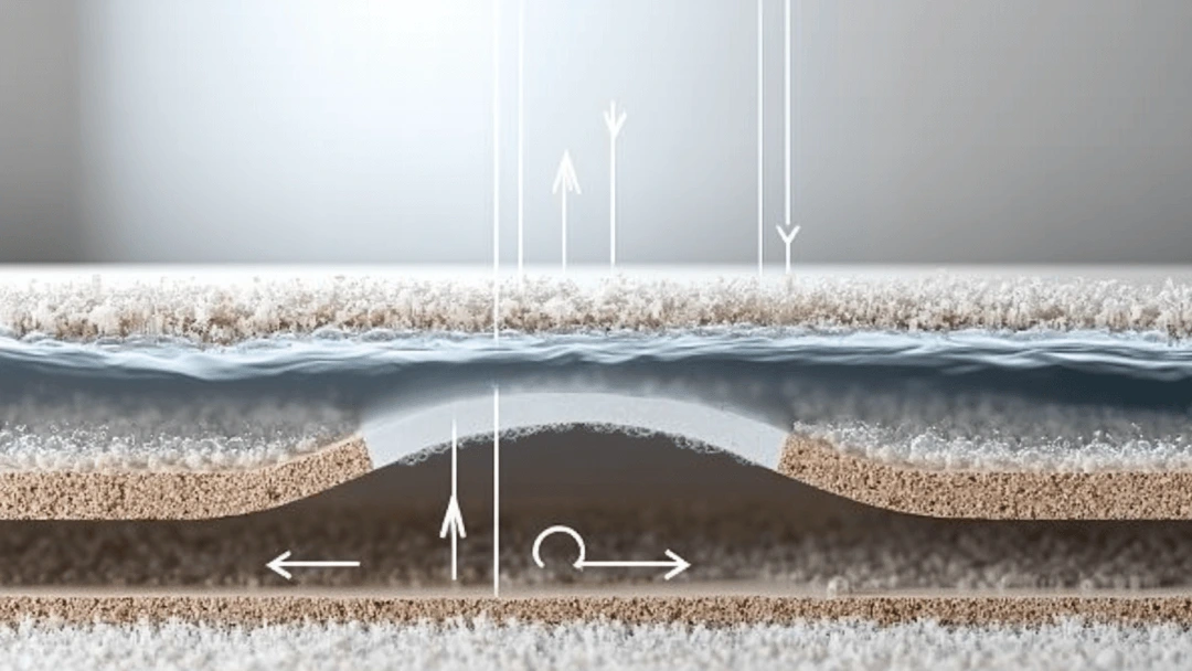 Illustration de l'effet de mèche dans un tapis après un shampoing, montrant comment l'humidité attire les taches enfouies vers la surface, causant leur réapparition.