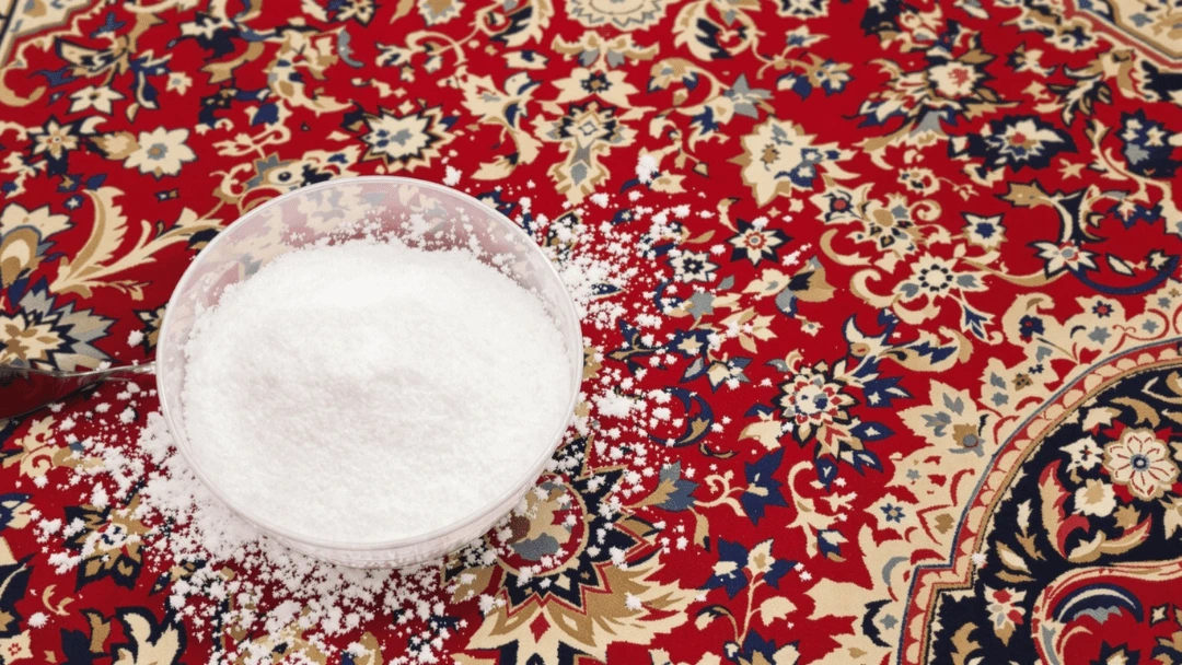 Bol rempli de bicarbonate de soude posé sur un tapis rouge à motifs orientaux, avec des grains de bicarbonate dispersés sur la surface, illustrant une méthode naturelle pour nettoyer et désodoriser un tapis.