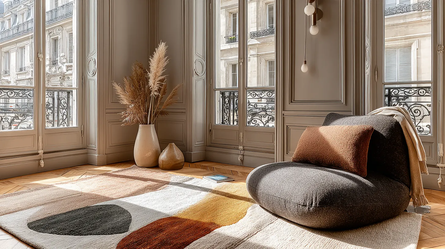 Salon parisien lumineux avec tapis moderne en laine non lavable en machine, idéal pour illustrer un nettoyage manuel de tapis délicat.