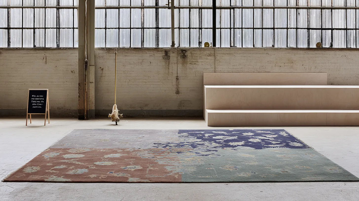 Tapis persan étendu à plat dans un atelier de nettoyage professionnel, artisan inspectant les couleurs avant lavage.