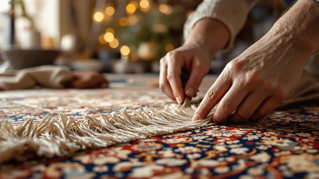 Restauration artisanale de franges sur un tapis d’orient en laine, gros plan sur les mains d’un restaurateur expérimenté