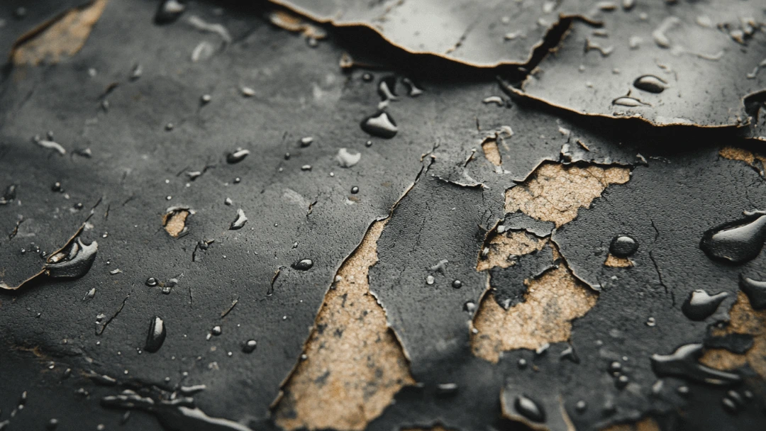 Gros plan d'un envers de tapis en caoutchouc abîmé, craquelé et détérioré par l'humidité, avec des gouttes d'eau sur la surface.