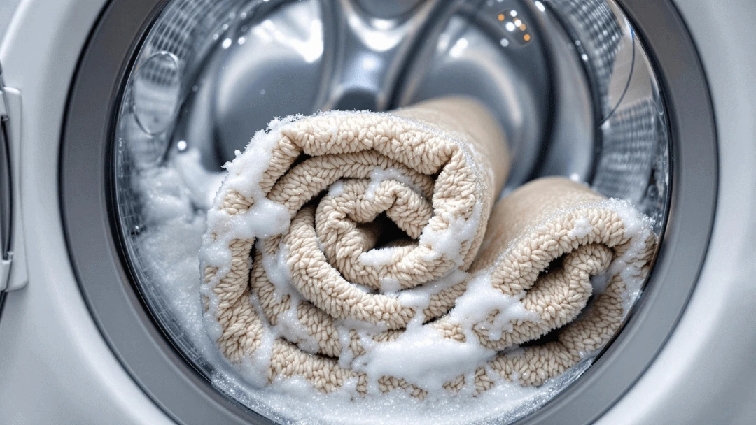 Tapis roulé à l'intérieur d'un tambour de machine à laver, entouré de mousse et de bulles, illustrant le lavage d'un tapis avec un cycle délicat.