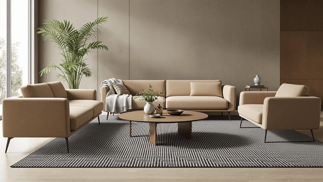 Tapis résistant aux taches noir et blanc dans un salon moderne avec canapé beige et table basse en bois.