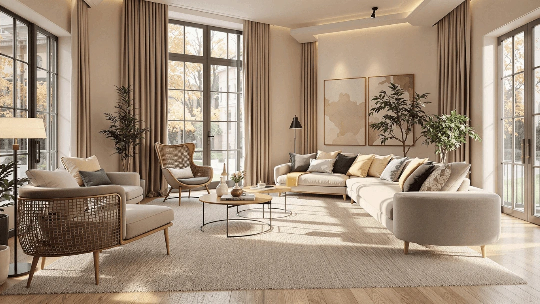 Salon élégant avec grand tapis beige neutre, idéal pour masquer la saleté et créer une atmosphère chaleureuse dans une décoration intérieure raffinée.