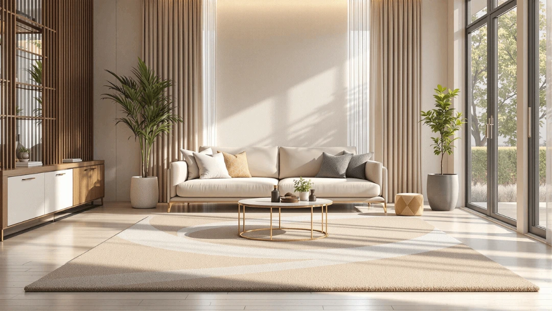 Salon lumineux avec un tapis beige clair à motifs modernes, parfait pour conserver une apparence propre dans une décoration intérieure haut de gamme.