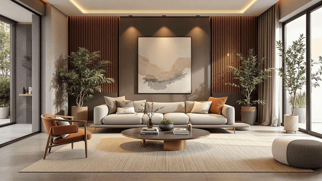 Salon moderne avec tapis en jute beige, canapé design et décoration naturelle, éclairage doux et ambiance chaleureuse.