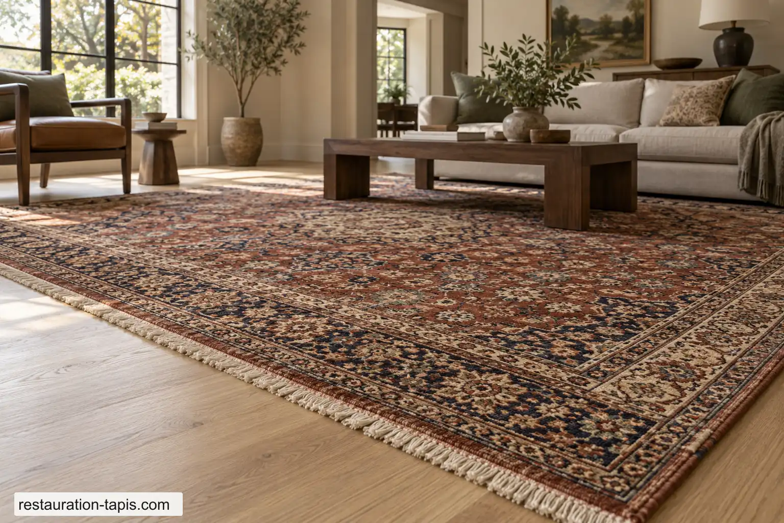 Bord latéral et franges d'un tapis à motifs floraux dans un salon contemporain éclairé par la lumière naturelle.
