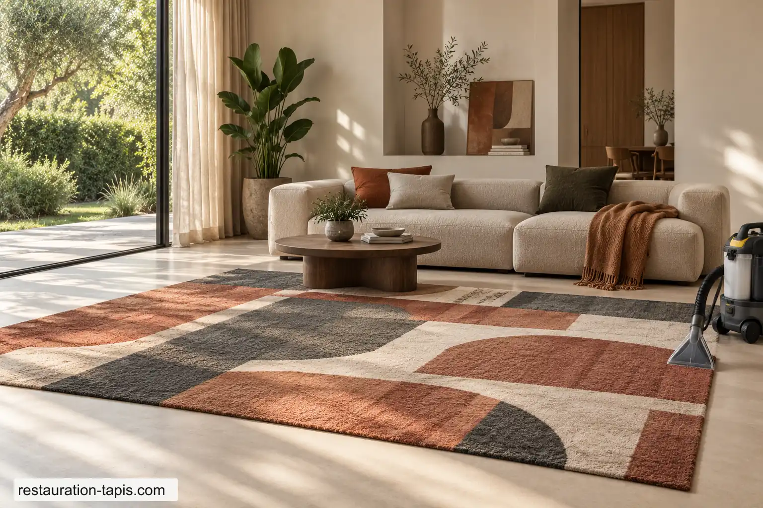 Tapis géométrique dans un salon contemporain lumineux, avec un injecteur-extracteur et sa buse au bord de la pièce.