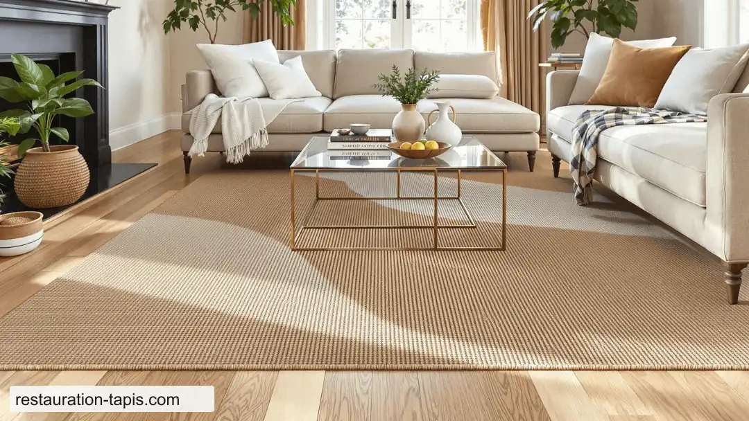 Tapis beige à tissage végétal dans un salon lumineux