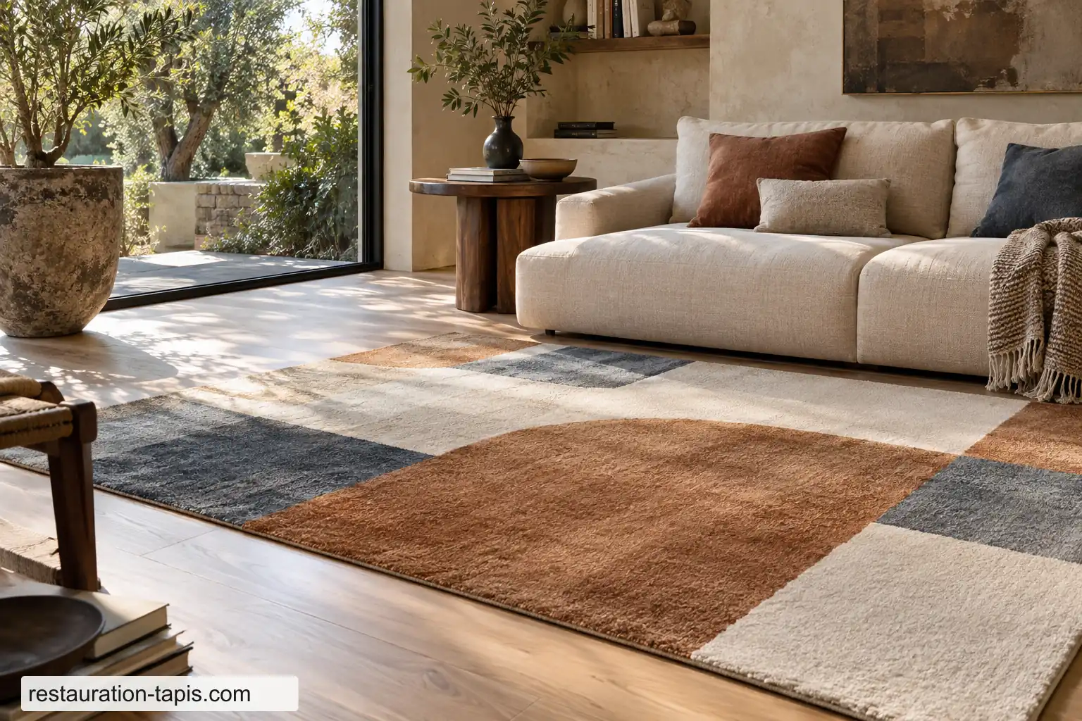 Tapis contemporain posé dans un salon lumineux, canapé et table basse en arrière-plan